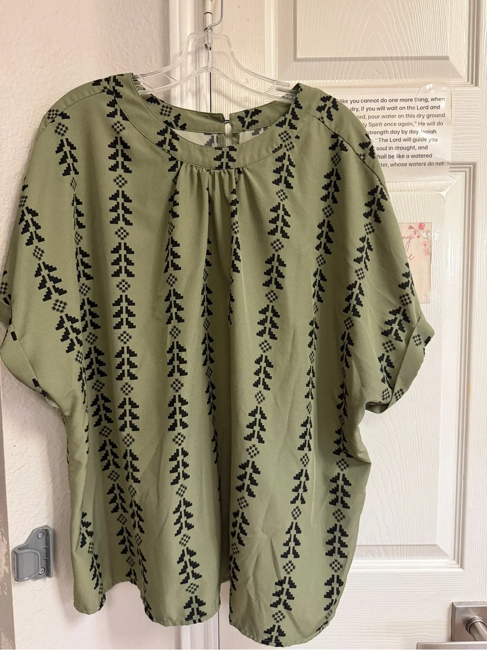 SHEIN Olive Green Blouse with Black Geometric Print - Picture 1 of 6